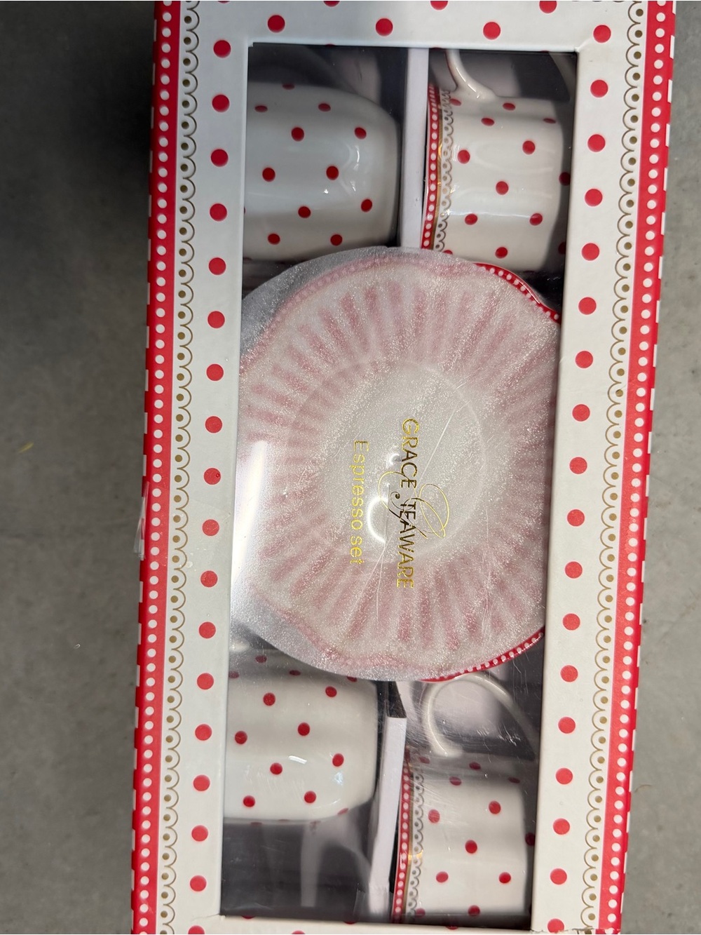 Grace Teaware Espresso Set 4 Cups Saucers Red Polka Dot Gift Box